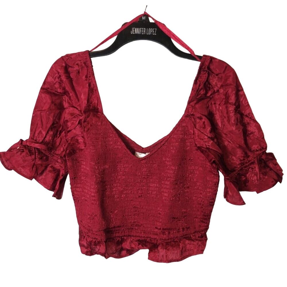 BAND OF THE‎ FREE BOG LEA CROP TOP SMOCKED PUFF TIE SLEEVES RHUBARB L-NEW - Picture 4 of 7